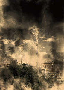 旧农村工厂烟雾和重生态问题概念图片