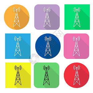 图标带有发报机中继器和接收对方圆色背景长阴影方形和圆色背景图片