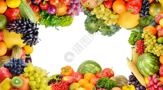 白色背景上的蔬菜和水果设置框架顶部视图文本空闲间全景拼图图片