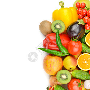 白色背景上的水果和蔬菜平坦的面顶部视图文字自由空间图片
