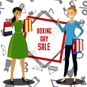两张卡通幸福的女士站在购物袋旁拳击日售卖概念股票矢量插图快乐的女士站在购物袋边拳击日图片