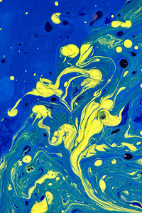 蓝色和黄抽象手画背景液体丙烯涂料当代艺术概念多色抽象画背景带有大理石纹图片