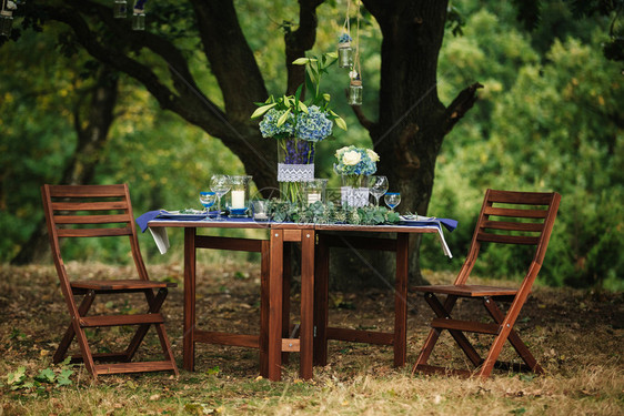 在树林的木制板上有花朵安排蓝色白绿花朵和蜡烛雕塑玻璃餐具照片贴近装饰细节在树林的木制板上有蓝色绿花朵和餐具图片