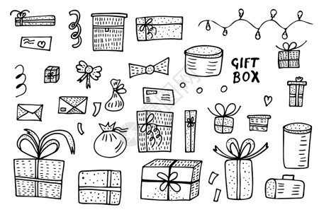 一套礼品盒收集假日礼物时用涂鸦风格矢量图解图片
