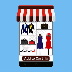 带有购物屏幕应用程序的智能手机带有服装和配件的作为商店窗口手机平板设计矢量插图图片