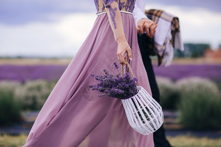 穿蓝裙子的年轻美女在夏季日落时走户外穿过小麦田时用篮子盛放花朵图片