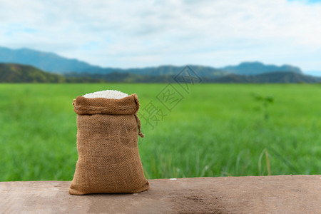 以稻田背景为的木桌布袋中的茉花大米图片