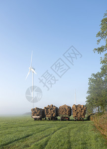 在薄雾清晨草地上的风力发电车图片