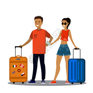 快乐的年轻夫妇携带手提箱的旅客行中男女客卡通矢量插图男女旅客图片