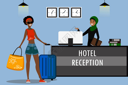 非洲的女游客在接待台的站旅行招待酒店预订概念卡通平方矢量插图非洲的女游客在接待台的站图片
