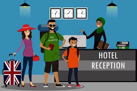 旅行接待带手提箱的旅游者家庭卡通以及带手提箱的阿拉伯青年妇女接待