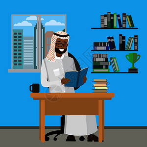 阿拉伯漫画人阅读书籍室内家具设计气压矢量插图阿拉伯漫画人阅读书籍背景图片