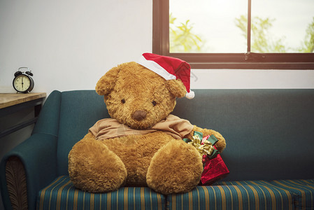 大熊有圣诞帽子和红礼盒在沙发上圣诞快乐的背景概念图片
