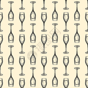 长笛玻璃手画满香槟玻璃素描闪亮的酒杯雕刻风格织物设计纺品印刷包装纸矢量说明手画满香槟玻璃素描图片