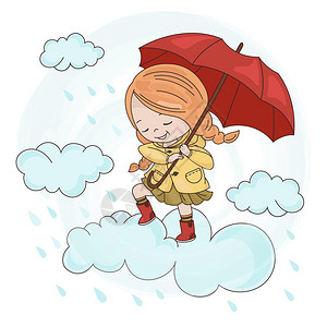 下雨打伞的小女孩矢量插图图片素材