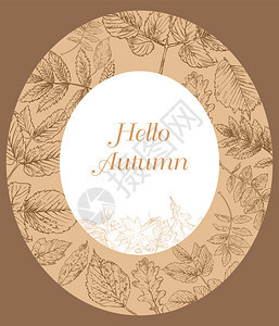 helo秋天矢量横幅模板上面有手画叶卡可以用于邀请特别海报不同秋叶的矢量oval框架以单色褐为颜矢量插图图片
