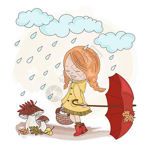 雨天采蘑菇的小姑娘图片