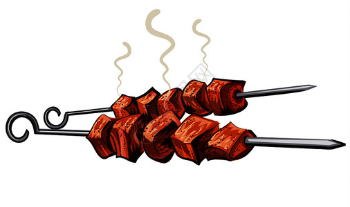 牛背烤肉串小牛肉猪肉羊肉串牛排烧烤野餐烤肉串插画