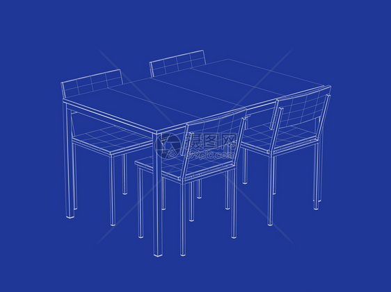 餐桌和四张椅子的三维有线框架型餐桌和四张椅子图片