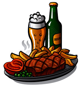 烧烤蔬菜沙拉烤牛肉排和啤酒杯肉排和啤酒插画