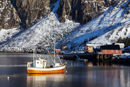 冬天的小海湾在岛上船只和罗布图片