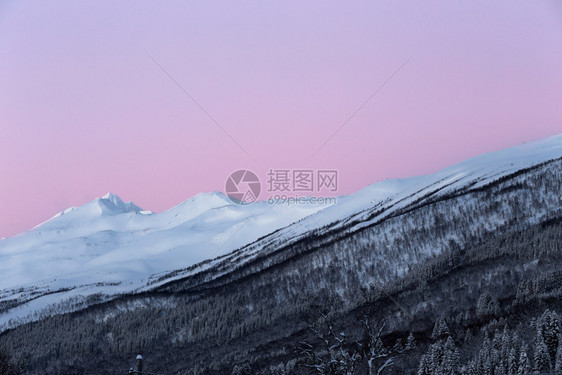 美丽的挪威风景诺冬天早上在山对着粉红天空图片