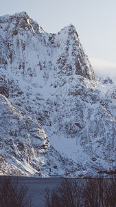 美丽的雪山及其在峡湾的反射图片