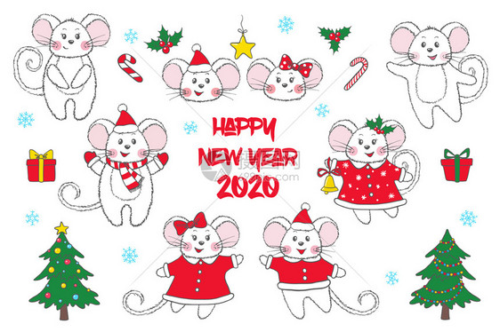 一组可爱手画小鼠和新年符号在白色背景中分离20年大鼠星座标志矢量说明一组可爱手画小鼠和新年符号图片