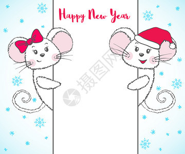 带有可爱鼠标的新年横幅在santclus帽子中带有文字空间的可爱鼠标20年的黄鼠类矢量说明带有可爱鼠标的新年横幅图片