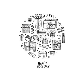 带礼品盒的圆形合成收集假日礼物时用涂鸦风格矢量图解图片