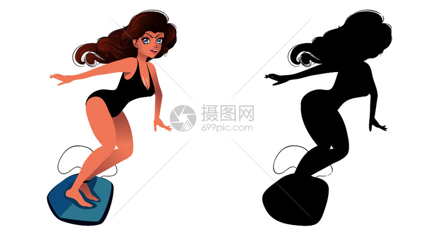 可爱卡通冲浪女孩黑色的轮廓设计图片