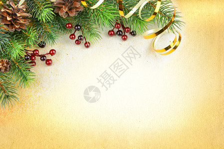 以旧纸为背景的绿色树枝甜瓜红胡椒果和金色蛇纹的圣诞节成份图片