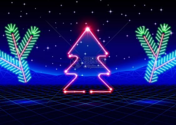戴有荧光树和80年代计算机背景的圣诞节卡图片