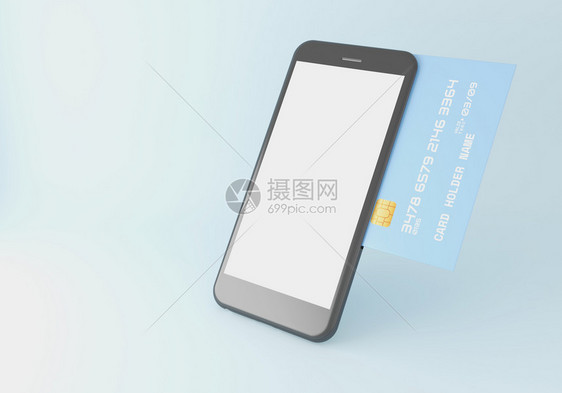 3d说明带信用卡的智能手机网上商店和电子务概念图片