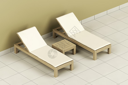 温泉中心木制太阳休息室和桌高清图片
