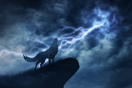狼在月光下飞向雷暴的周光中图片