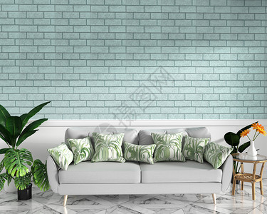 在花岗岩层3d的花岗岩上用沙发和装饰及薄砖墙壁模拟热带内阁楼图片