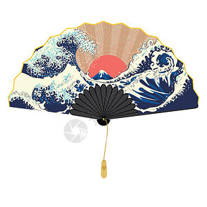 传统的东方风扇装饰着大海浪的风景背景图片