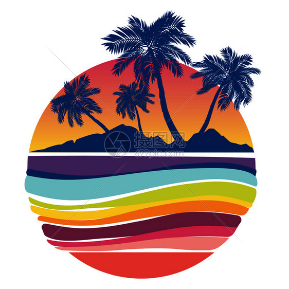 沙滩棕榈树和海浪背景抽象设计图片