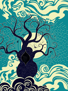 树和暴风雨般海洋日落艺术海报设计图片