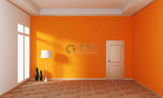 木制地板上的橙色空房3D图片