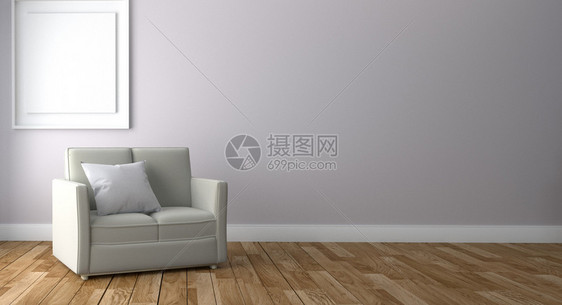 室内有沙发和架子的起居室内客厅空白色墙壁背景的木地板3D图片