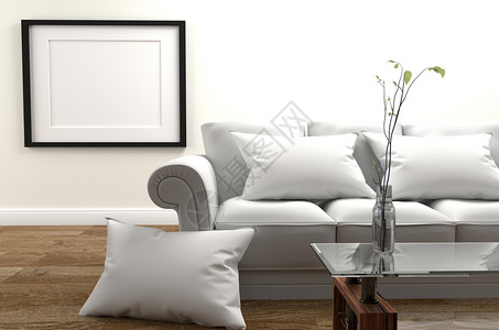 最起码设计现代客厅有沙发和枕头玻璃桌花瓶木地板和白色空墙背景名声图片