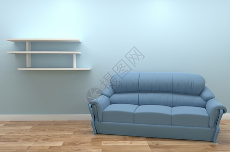 室内设计有沙发用蓝色空墙面壁底的木地板3D图片