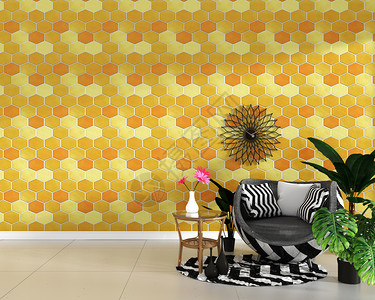 六边黄色和橙纹质壁背景最小设计3D高清图片
