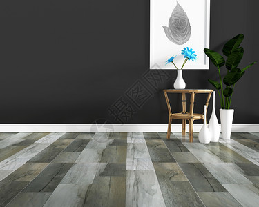 以热带风格室显示的黑色木瓷地板和深壁背景3D图片
