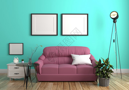 绿色薄膜墙内地木板上有沙发和壁边板3d图片