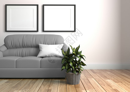 带有沙发和绿色植物的室内现代起居沙发和绿色植物混凝土墙壁背景的索法图片