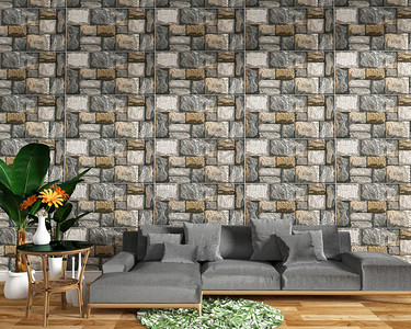带有沙发装饰和绿色植物的室内现代客厅装饰和绿色植物的瓷岩质壁背景最小设计3D图片