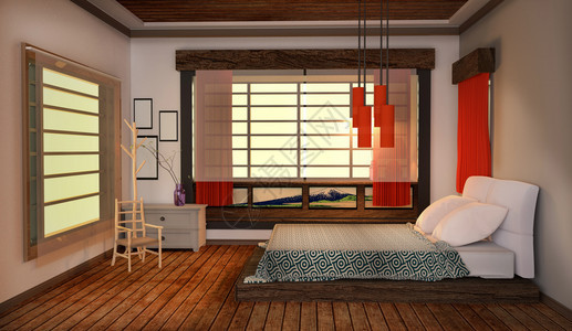 卧室内日式的本白色墙壁背景的木地板3D图片